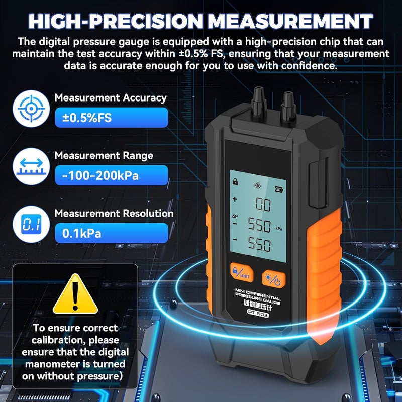Autory Manometer Gas Pressure Tester -101 to 200KPa Mini Dual-Port Digital Manometer HVAC with 6 Measurement Units(PSI/kPa/mbar/bar/inHg/mmHg) Manometer Lp Gas Pressure Tester Auto Calibration Monometer - Image 3
